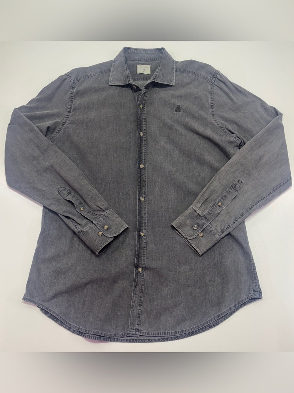 Scalpers Gray Skull Logo Chambray Button Up Shirt Size 42 Casual Designer